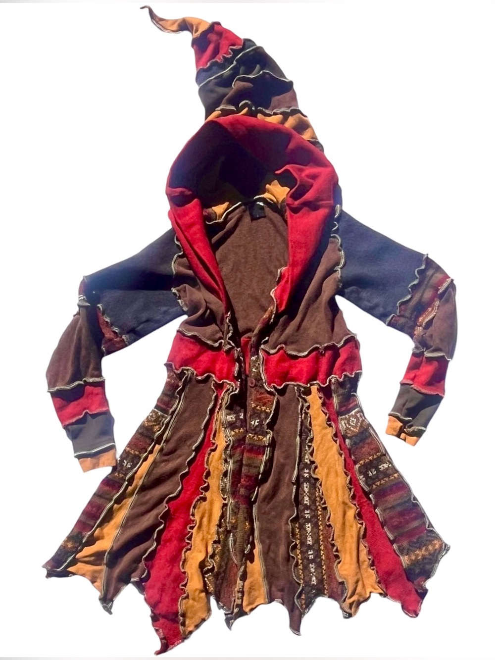 Upcycled Fairycore Elf Patchwork Sweater Coat Pointed Pixie Hood Wool Ren Faire